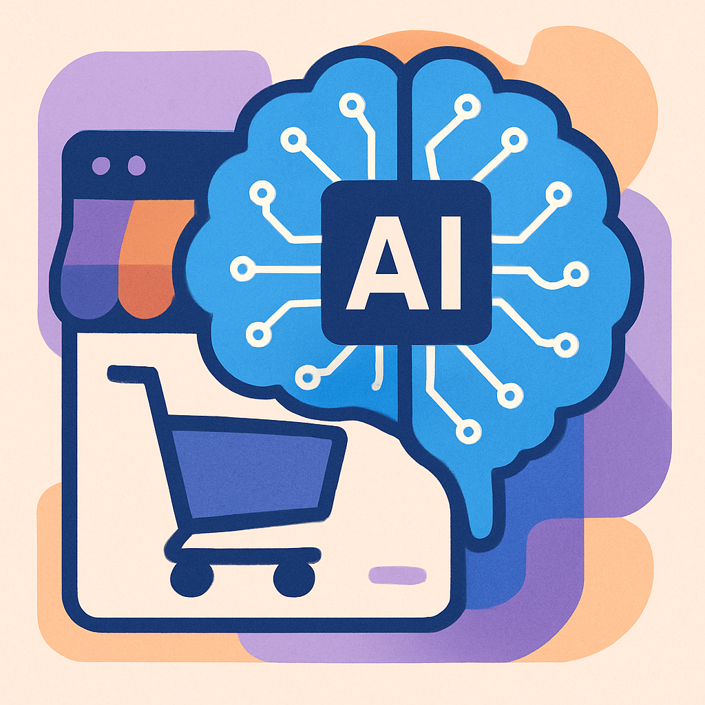 A modern, abstract graphic illustrating the concept of AI. It could show a brain or neural network icon overlaying a stylized online storefront or shopping cart.