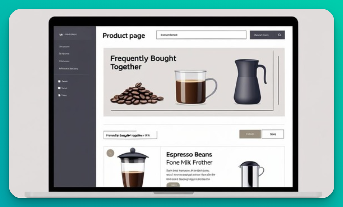 A screenshot or mockup of an e-commerce product page. On the page, there should be a 'Frequently Bought Together' section that clearly displays a product bundle recommendation (e.g., the espresso beans and milk frother) powered by Affinsy's analysis.