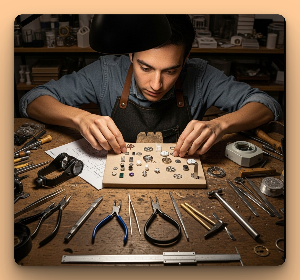 A powerful image of an artisan or designer at a workbench, carefully arranging items. This visual metaphor represents the store owner crafting their cross-sell strategy with precision and care.